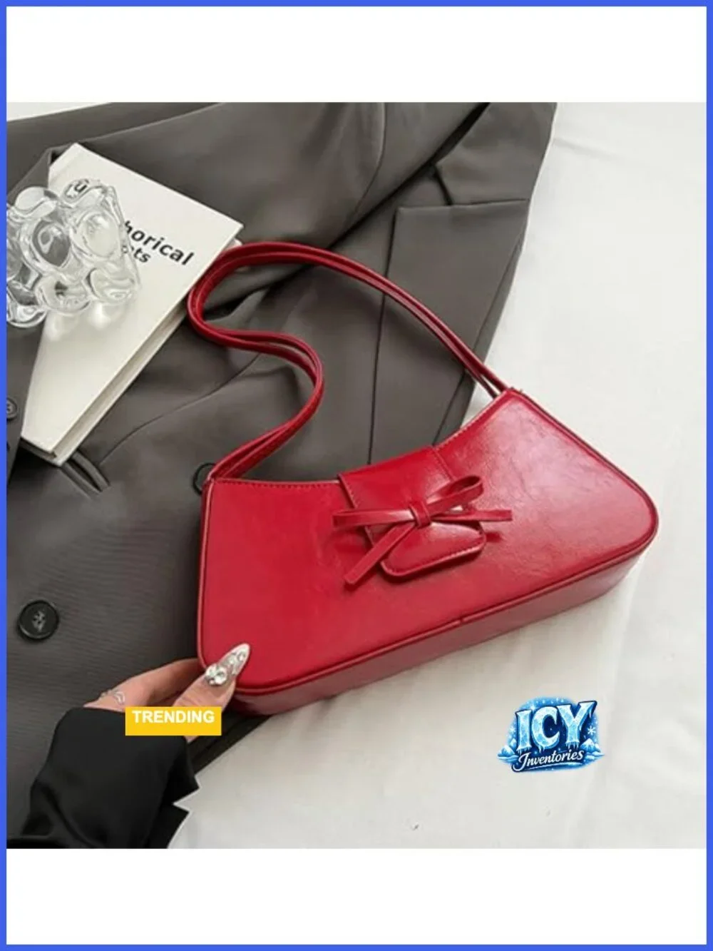 Y2K Patent Leather Hobo Bag with Bow, Vegan Clutch